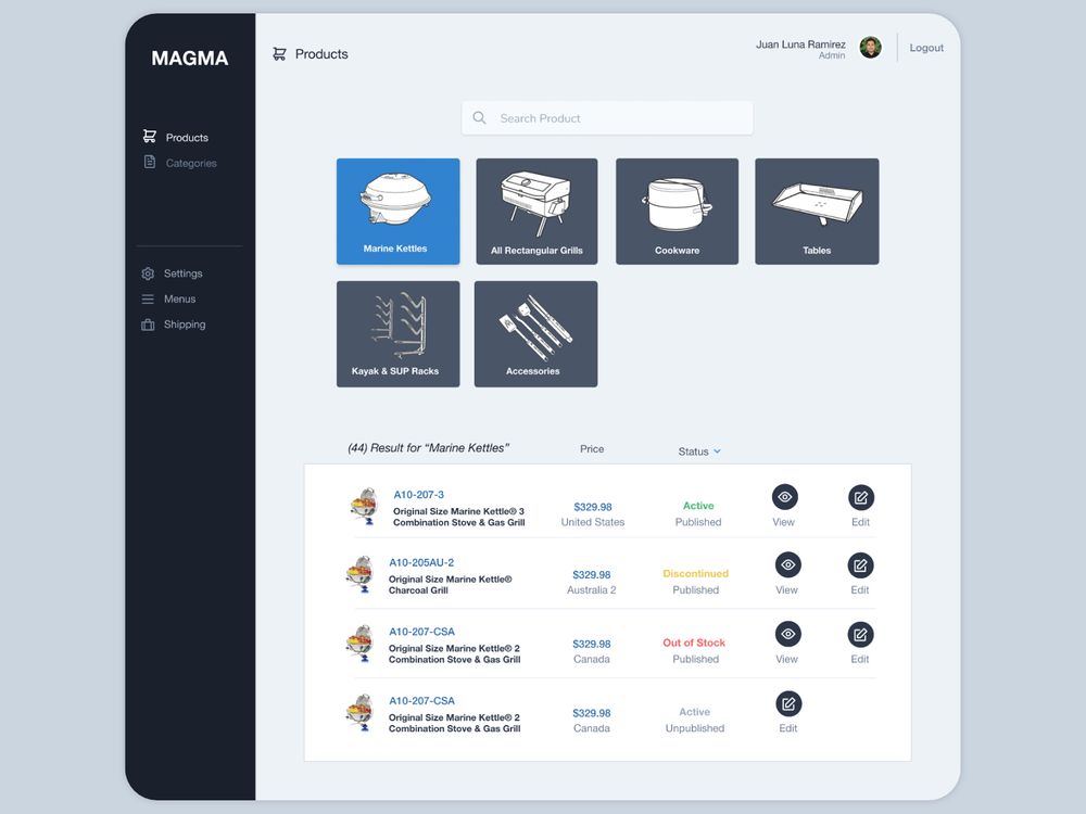 screenshot of magma products content management system user interface product search