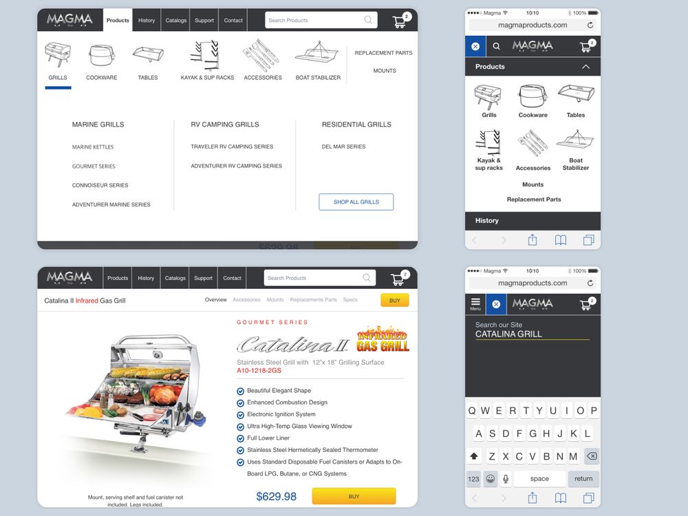 screenshot of magma products navigation on public site for desktop and mobile screens