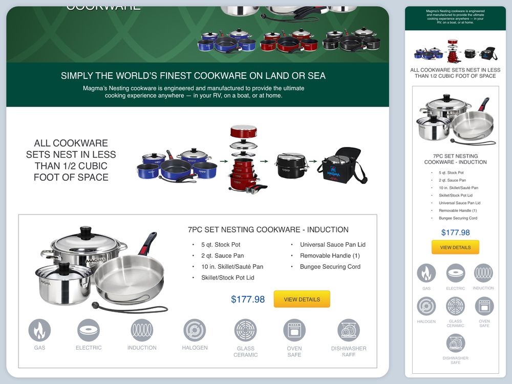 screenshot of magma cookware category page