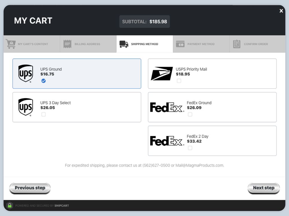 screenshot showing shipping options