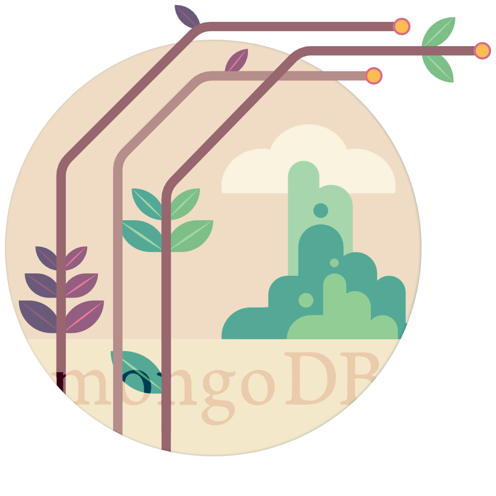 mongodb name with and illustration of network lines with leaves growing on it